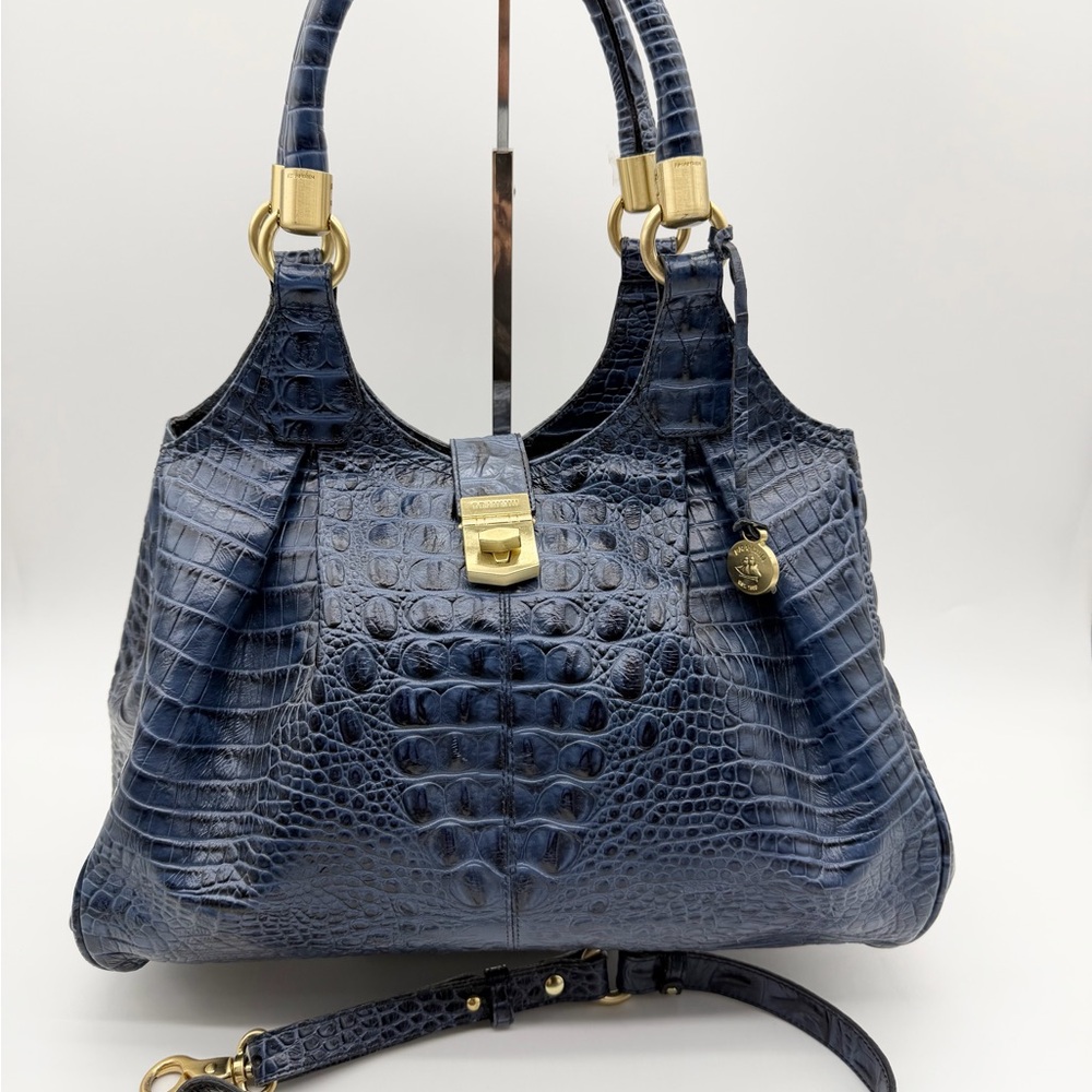 VTG Brahmin Melbourne Celia Crocs Embossed Leather Shoulder Bag Satchel Blue - Picture 11 of 14